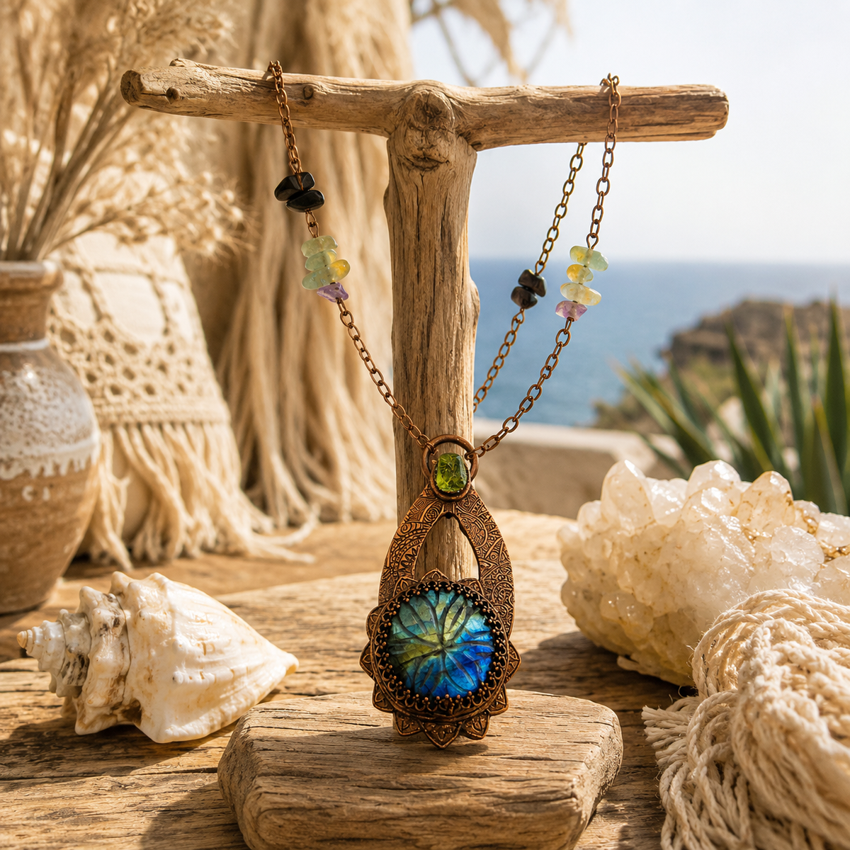 Handmade Labradorite and Peridot copper necklace with carved floral gemstone, Fluorite and Black Onyx beads. One-of-a-kind boho artisan jewelry. By cosmicdeva