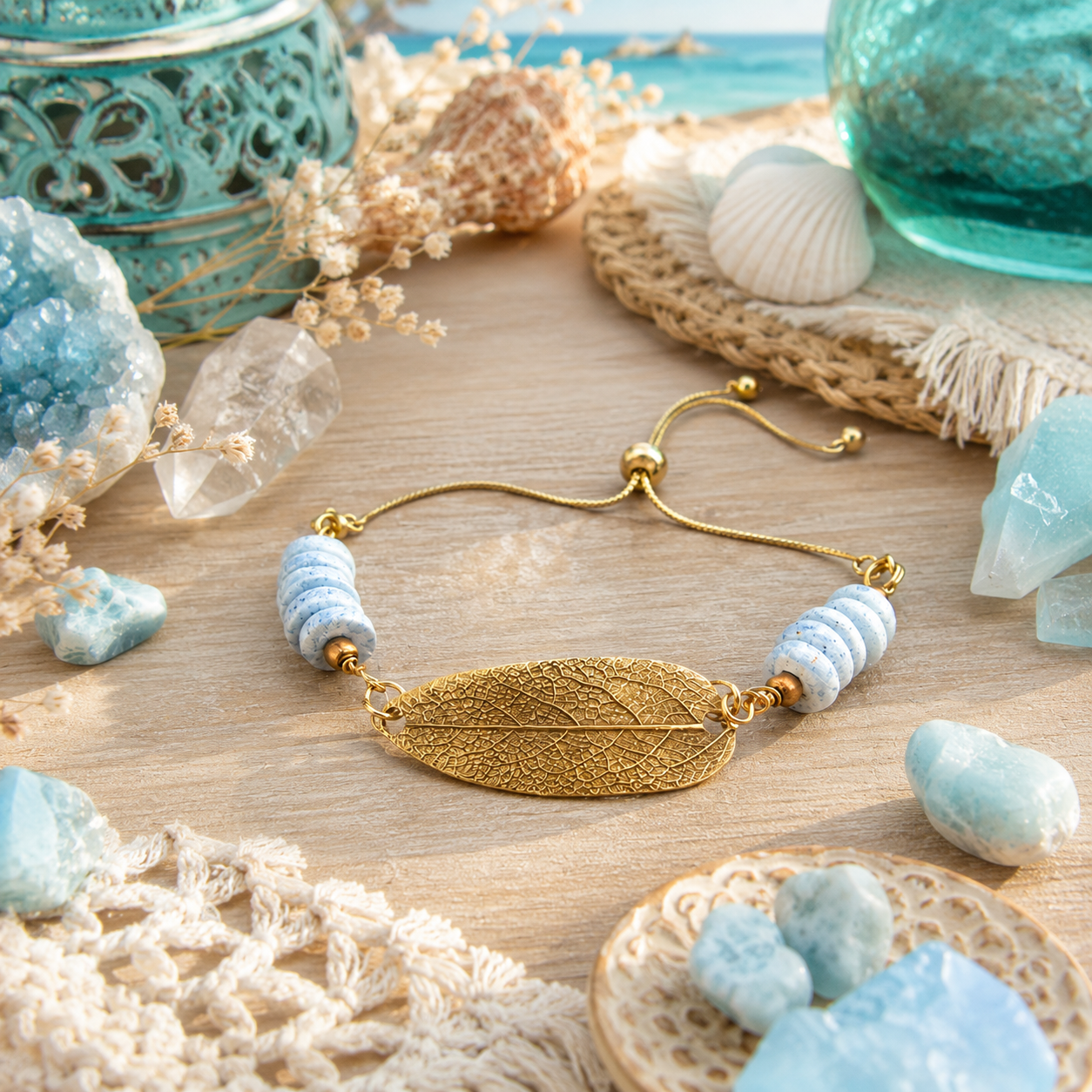 Handmade gold bronze sage leaf bracelet featuring a real botanical leaf imprint, Fair Trade aqua Ashanti glass beads and an adjustable slide clasp. By cosmicdeva 