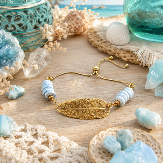 Handmade gold bronze sage leaf bracelet featuring a real botanical leaf imprint, Fair Trade aqua Ashanti glass beads and an adjustable slide clasp. By cosmicdeva 