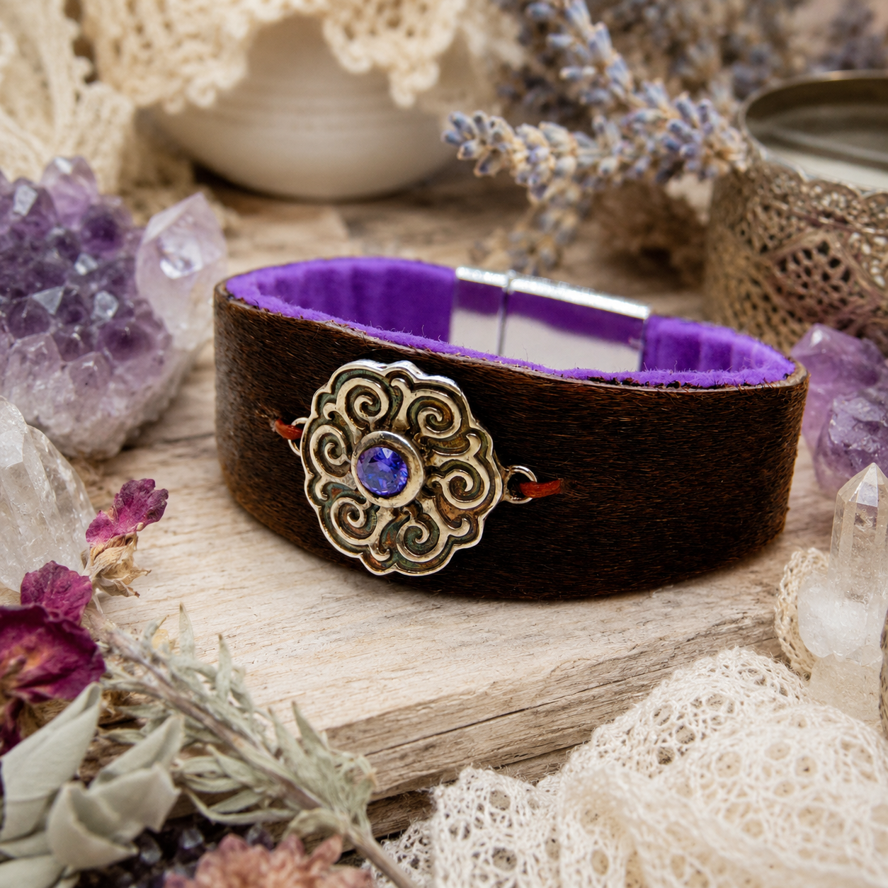 Handmade cowhide leather cuff bracelet with Celtic .950 sterling silver centerpiece and purple amethyst CZ. Unique boho Western artisan jewelry. By Cosmicdeva 