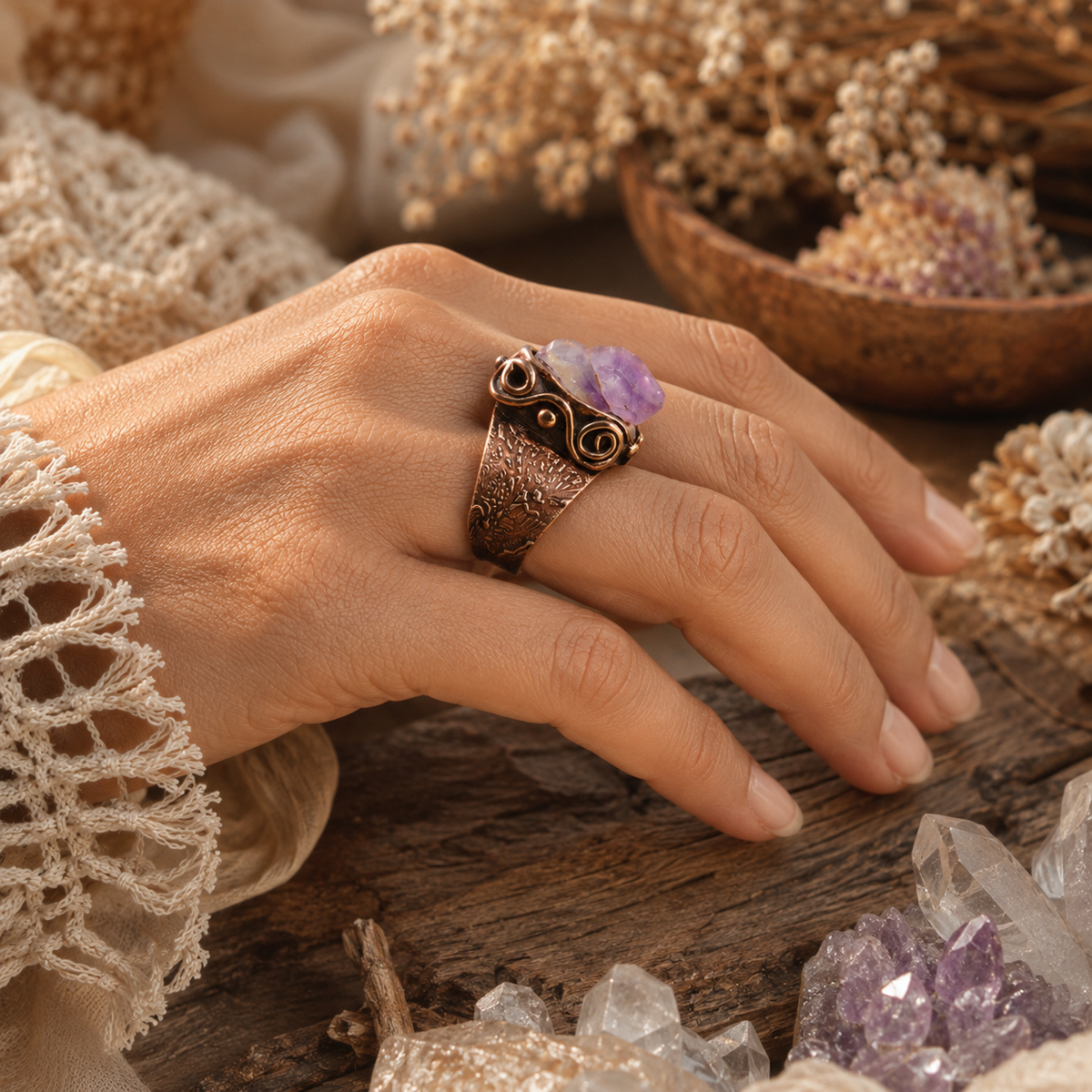 One-of-a-kind raw skeletal amethyst statement ring handcrafted in solid gold bronze. Purple February birthstone boho artisan ring, US size 8.