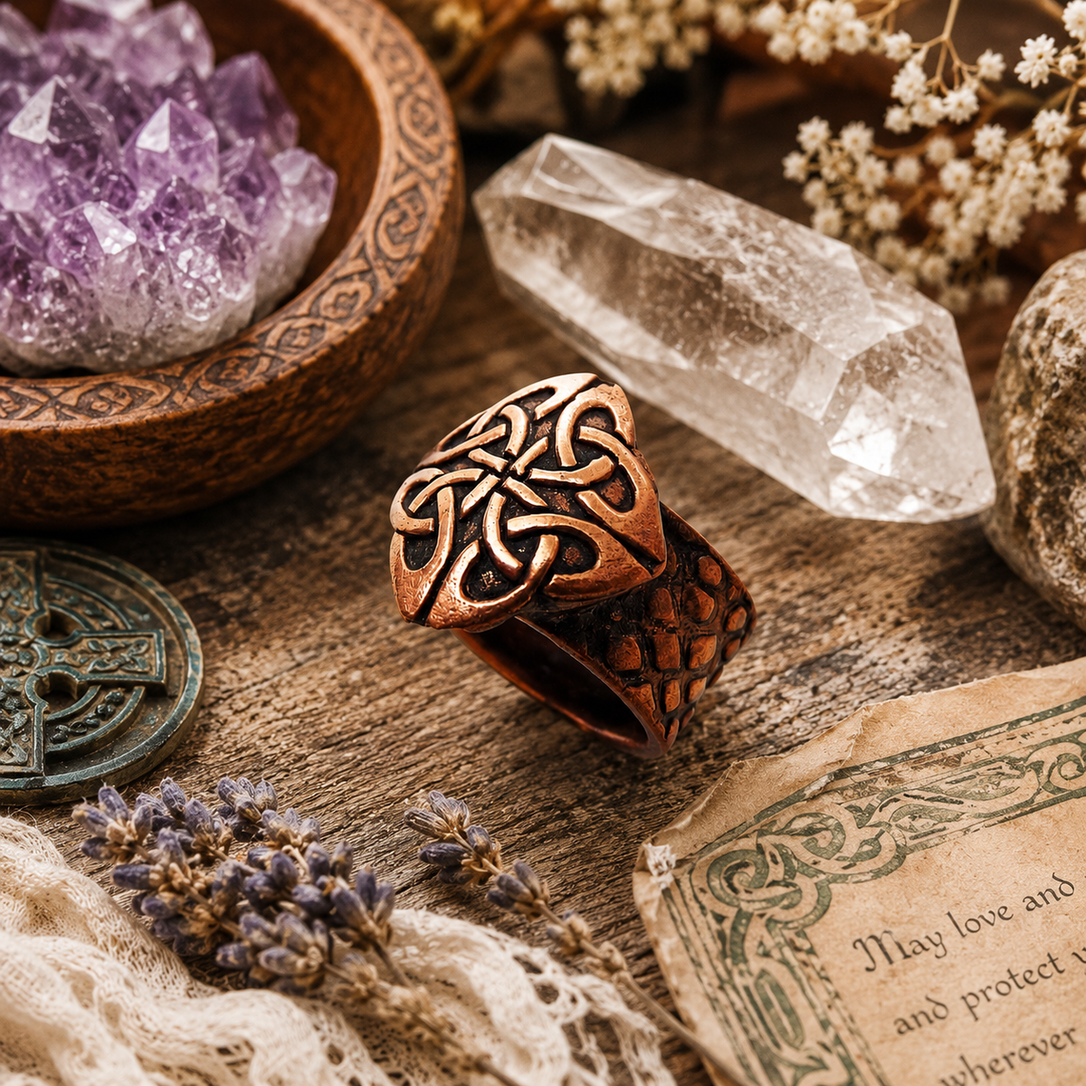 Handmade Celtic knot ring crafted from solid oxidized copper. Unique Irish medieval statement ring, US size 7, with antique finish and gift box. by cosmicdeva