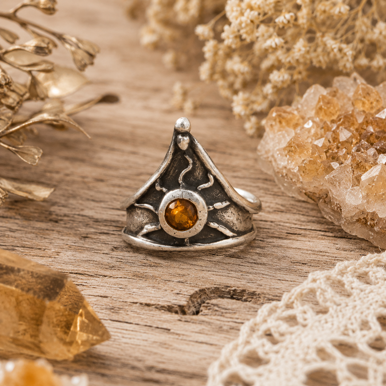 Handmade .950 sterling silver citrine ring with medieval triangle shield design, 5mm golden CZ stone and oxidized antique finish. US size 7.5. by Cosmicdeva 