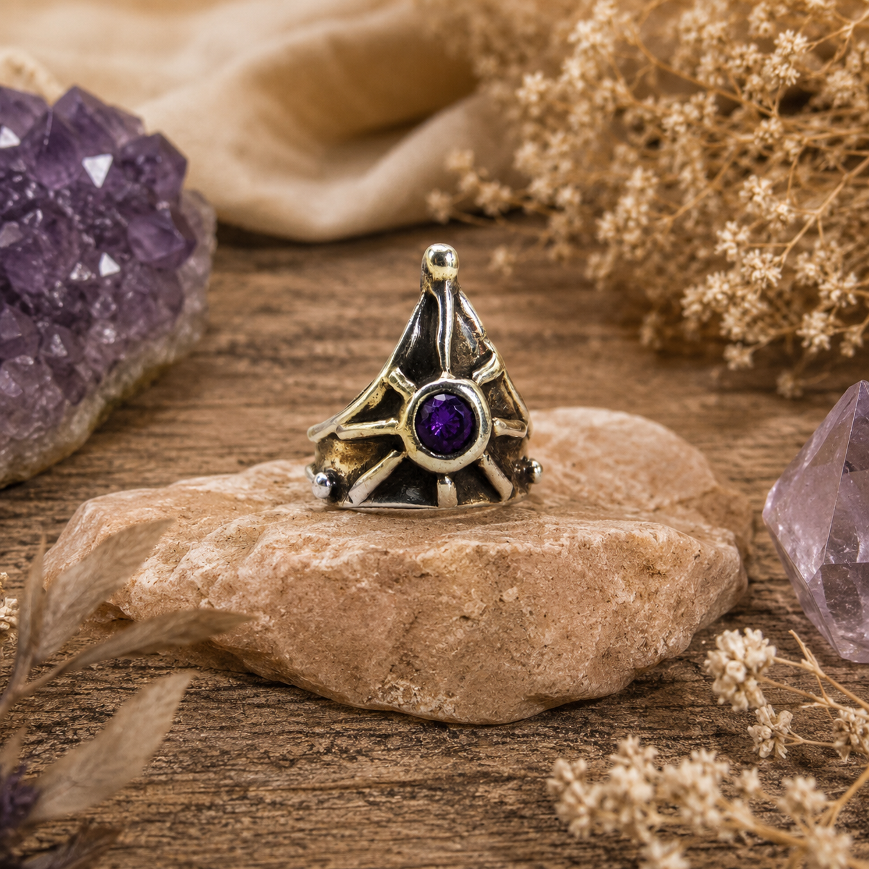 Handmade .999 fine silver amethyst ring with medieval triangle shield design, 5mm purple CZ amethyst and oxidized antique finish. US size 6¾–7. By cosmicdeva