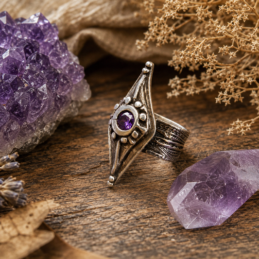 Bohemian amethyst ring handcrafted in .950 sterling silver with a sparkling purple stone, textured wide band and rustic oxidized finish. Unique artisan boho jewelry.by Cosmicdeva 