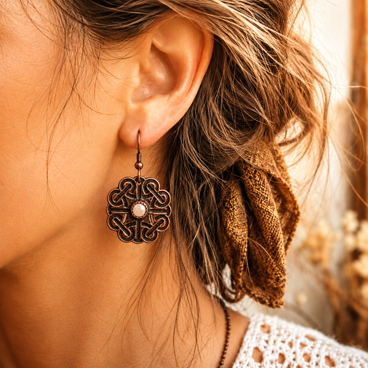 Handmade Celtic knot copper earrings with natural white tourmaline. Oxidized Irish-inspired dangle earrings with timeless symbolic style. By Cosmicdeva 