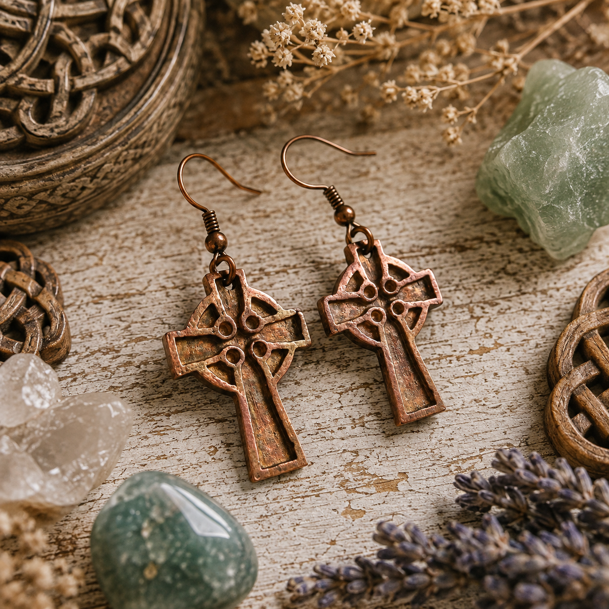 Handmade copper Celtic Cross earrings with an oxidized rustic finish. Unique Irish-inspired dangle earrings and meaningful Celtic jewelry gift, handmade in the USA. By Cosmicdeva 