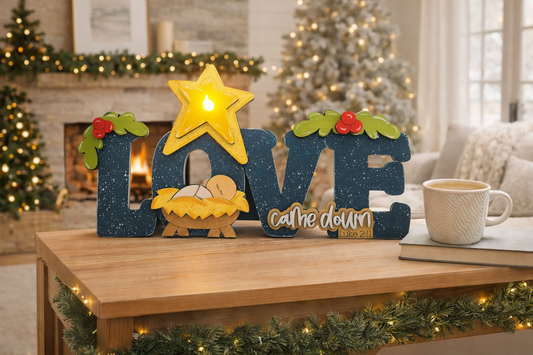 Wooden Love Came Down Christmas Shelf Sitter with LED Tealight – Hand Painted Nativity Decor – Rustic Christian Christmas Decoration - CosmicDeva
