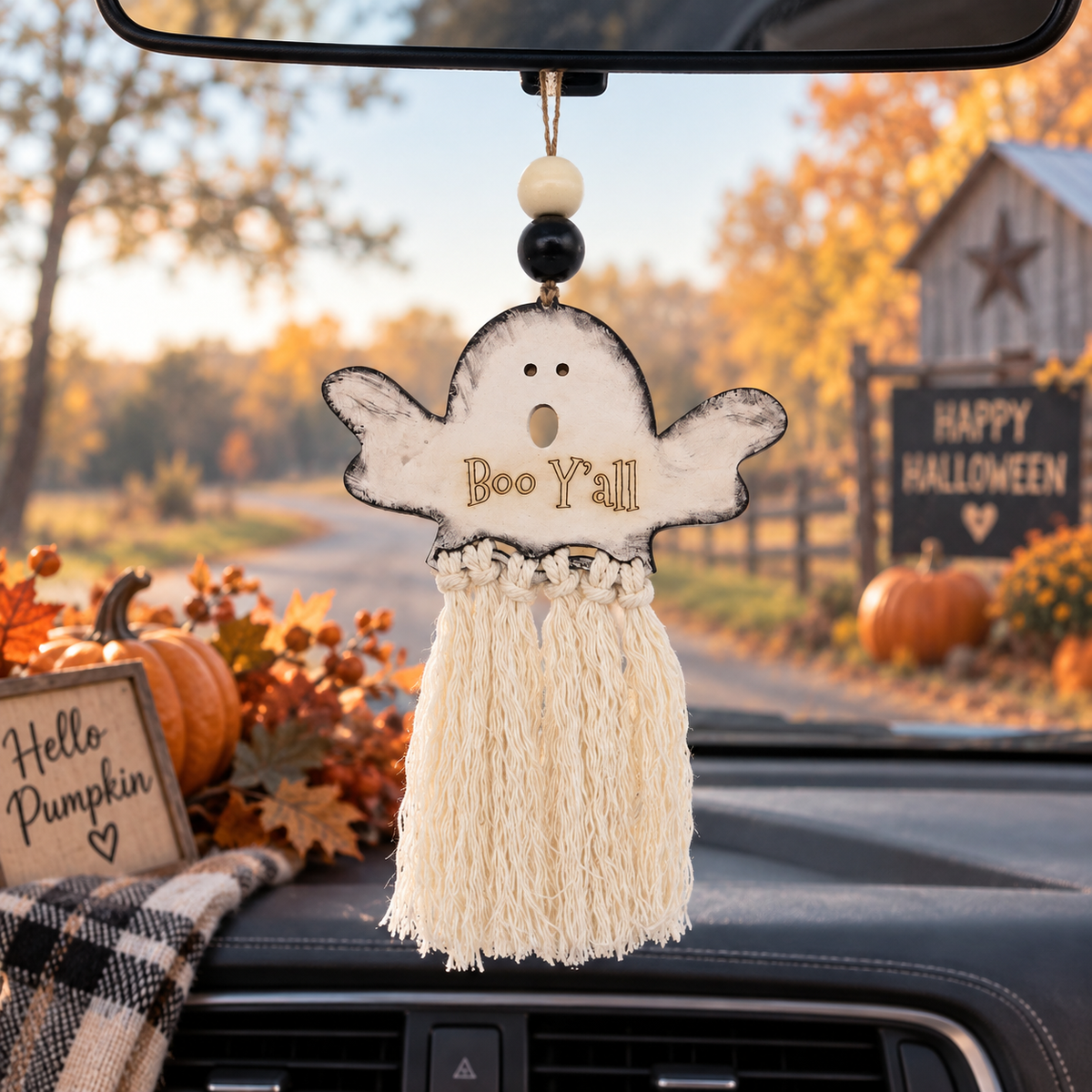 Handmade Halloween ghost car charm with white macramé tassel, wooden beads and double-sided Boo Y’all / No Tricks, just treats engraving. Made By Cosmicdeva 