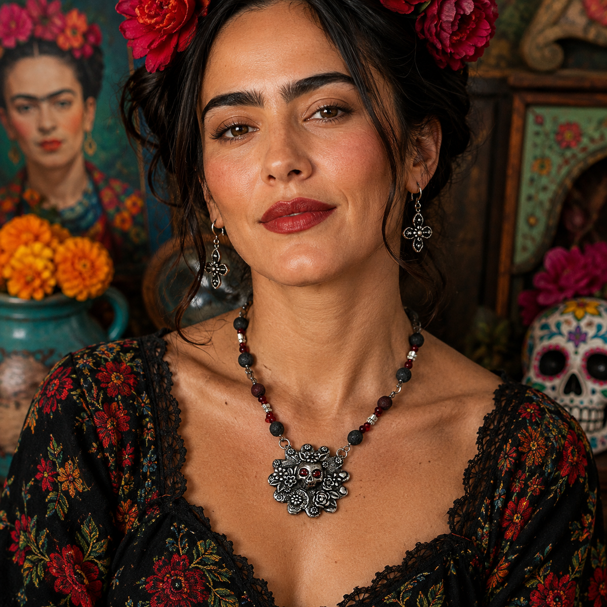 Cherish Mexican folk art with this unique Frida Kahlo sugar skull necklace, featuring a silver bronze floral pendant accented with garnet gemstones, roses, leaves and hearts.