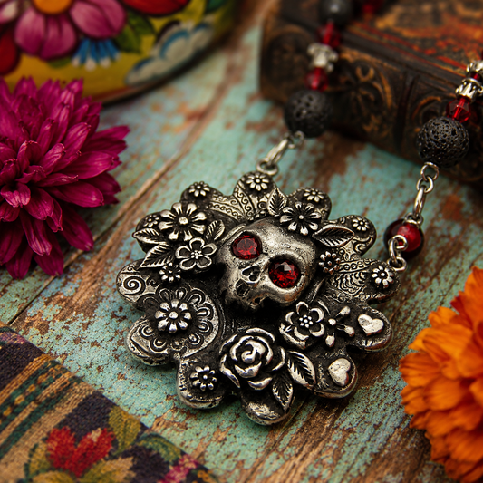 Cherish Mexican folk art with this unique Frida Kahlo sugar skull necklace, featuring a silver bronze floral pendant accented with garnet gemstones, roses, leaves and hearts.