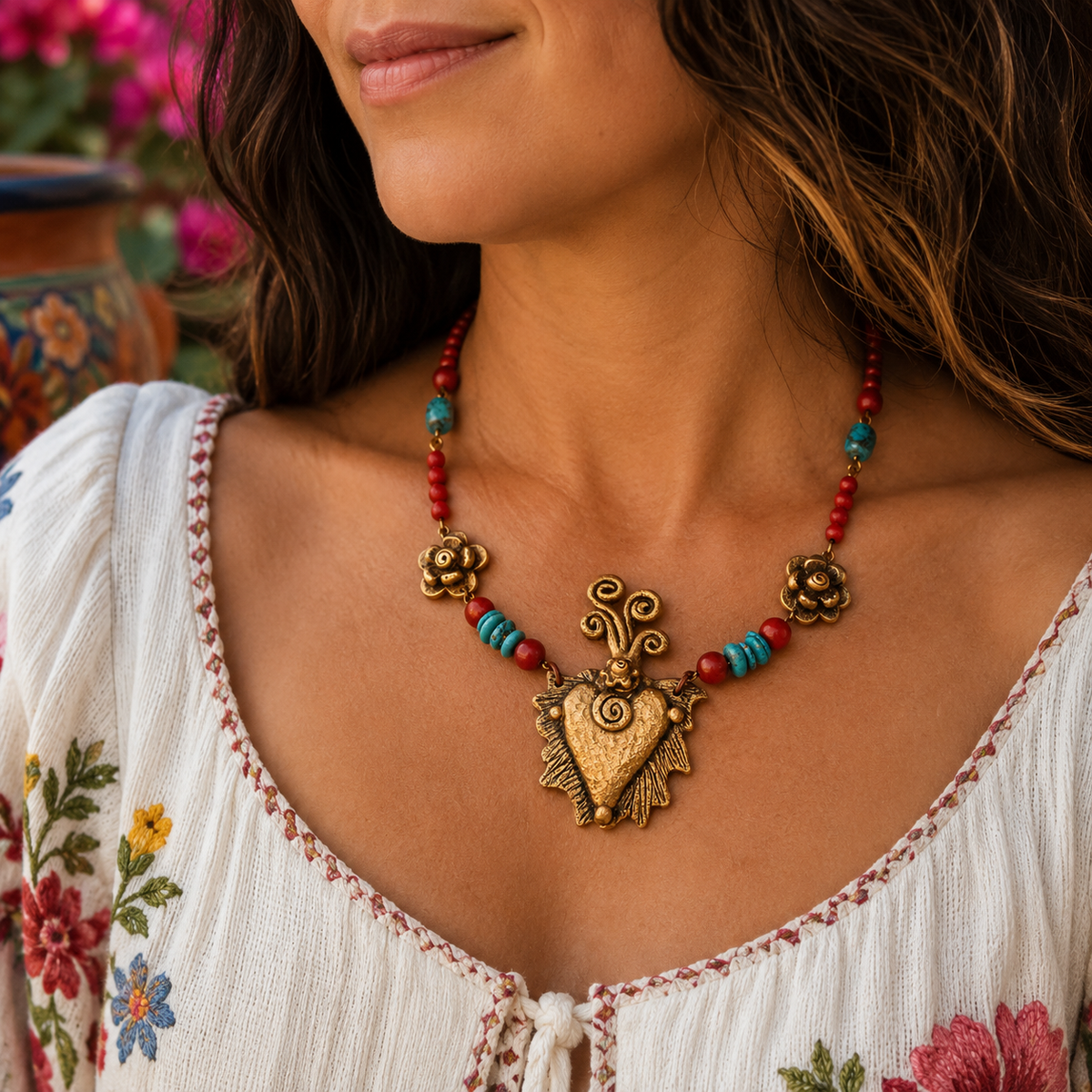 Meta Description — Etsy & Google
Southwestern Sacred Heart necklace and earrings with a solid bronze Milagro heart, natural turquoise and red howlite beads. Unique Mexican folk-art jewelry.
