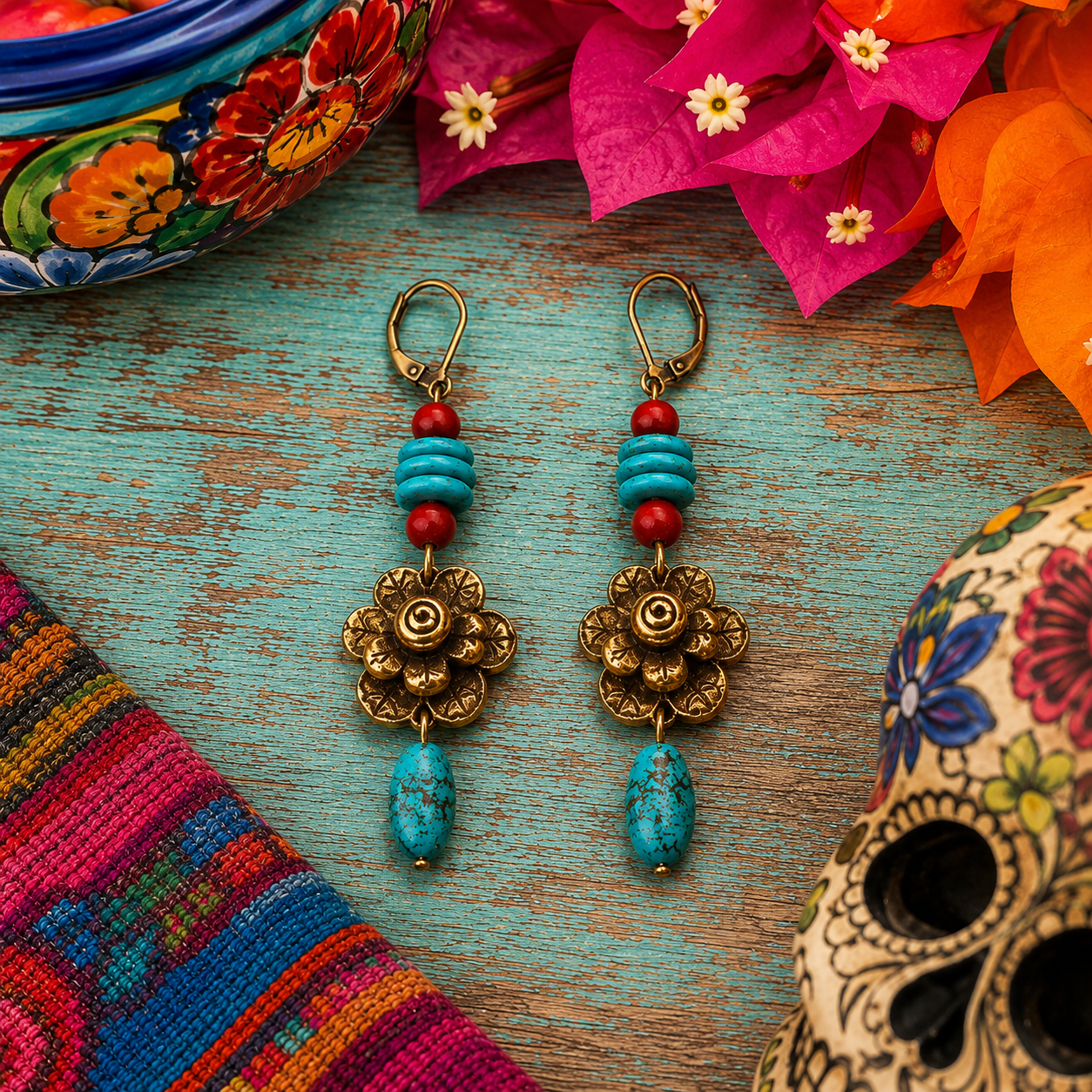 Meta Description — Etsy & Google
Southwestern Sacred Heart necklace and earrings with a solid bronze Milagro heart, natural turquoise and red howlite beads. Unique Mexican folk-art jewelry.