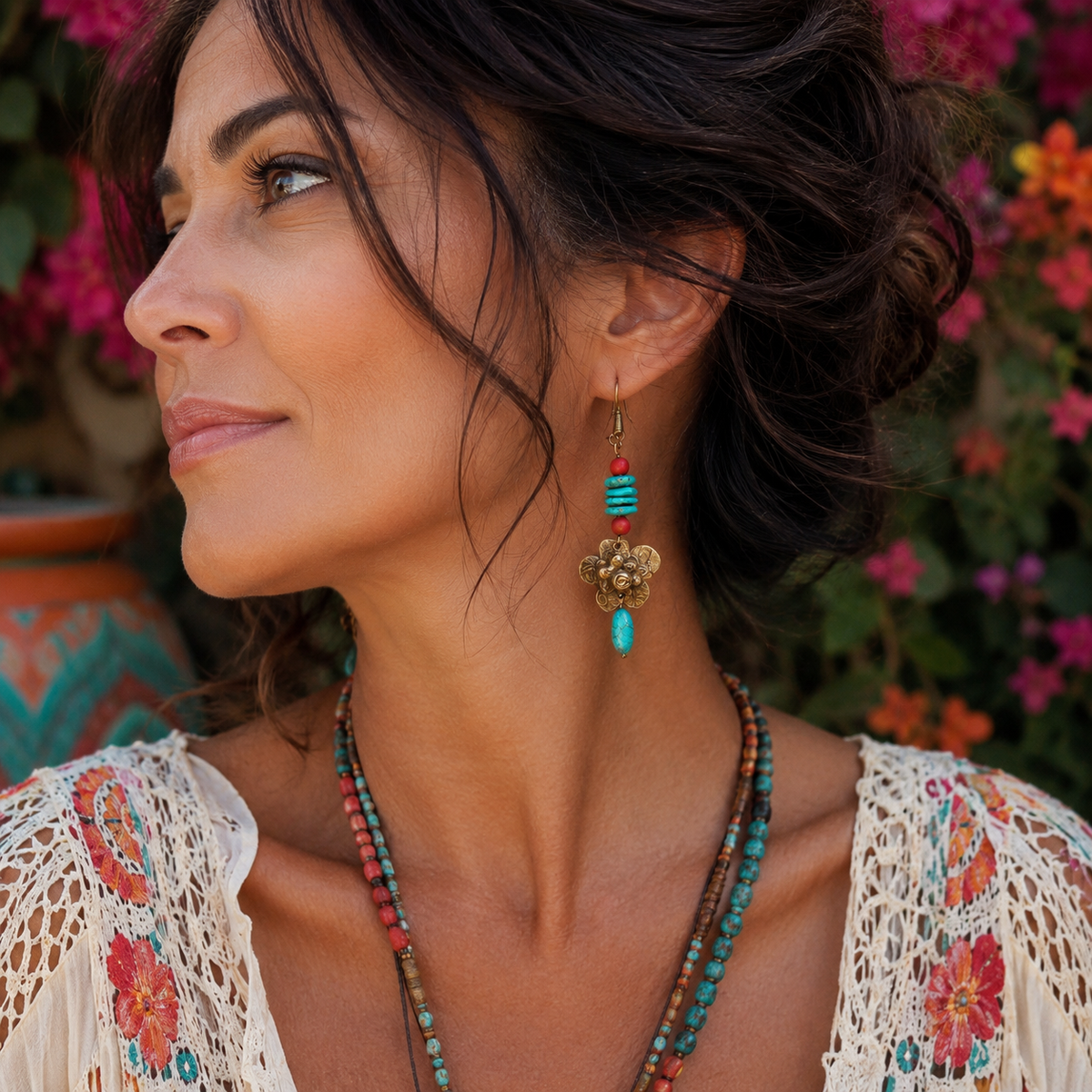 Meta Description — Etsy & Google
Southwestern Sacred Heart necklace and earrings with a solid bronze Milagro heart, natural turquoise and red howlite beads. Unique Mexican folk-art jewelry.
