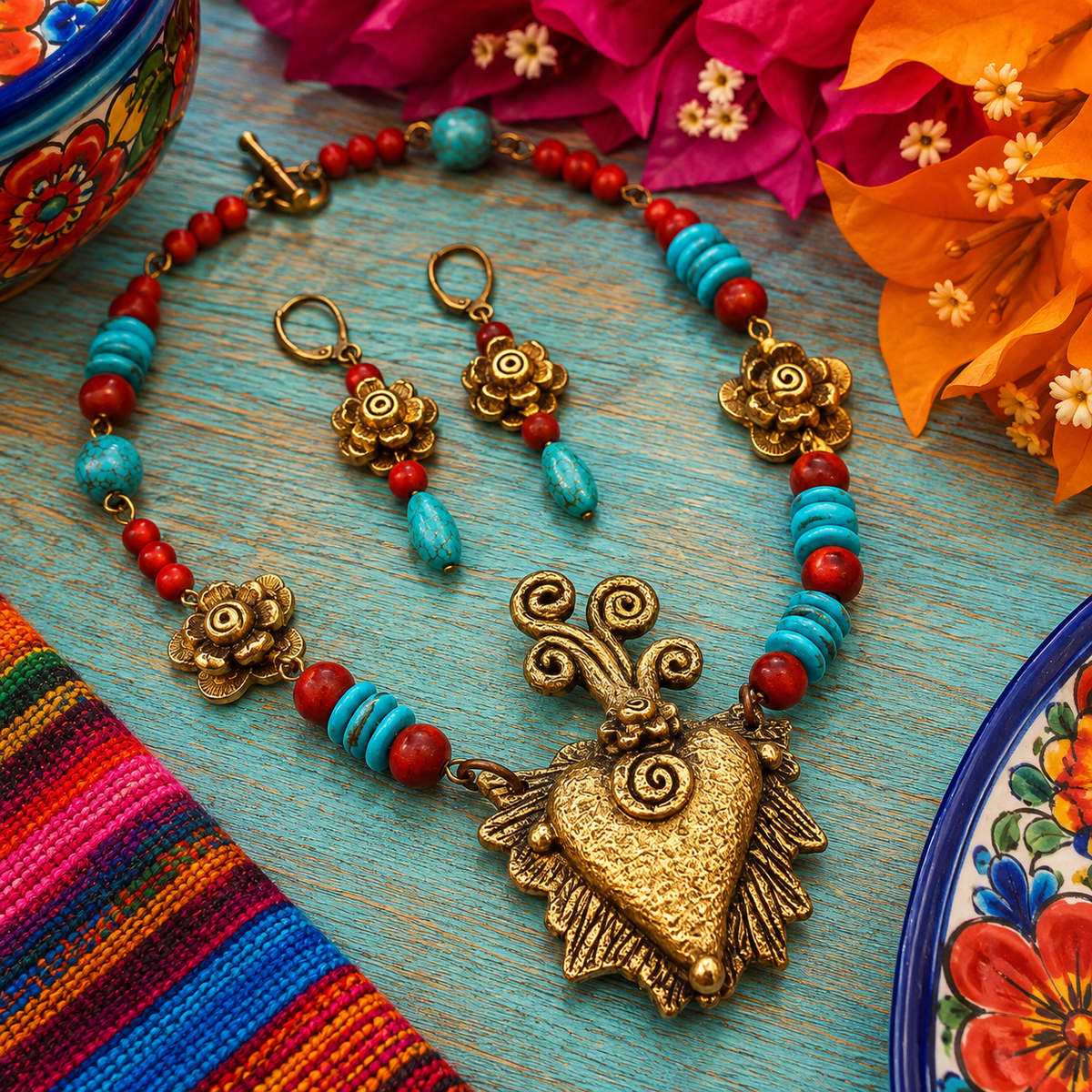 Meta Description — Etsy & Google
Southwestern Sacred Heart necklace and earrings with a solid bronze Milagro heart, natural turquoise and red howlite beads. Unique Mexican folk-art jewelry.
