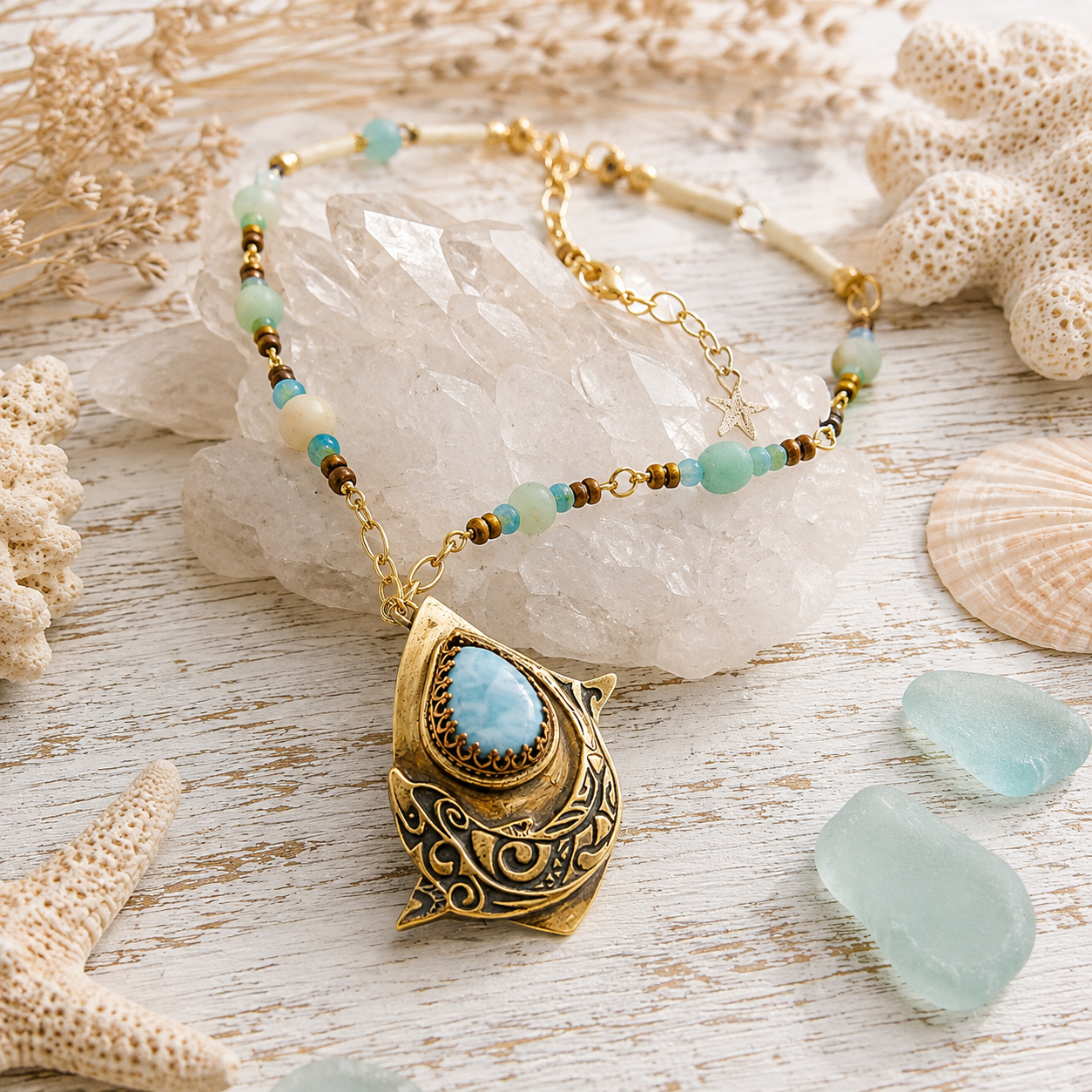 Handmade Larimar dolphin necklace featuring a solid bronze dolphin pendant, Caribbean blue Larimar, amazonite and jasper beads. Unique boho ocean jewelry.