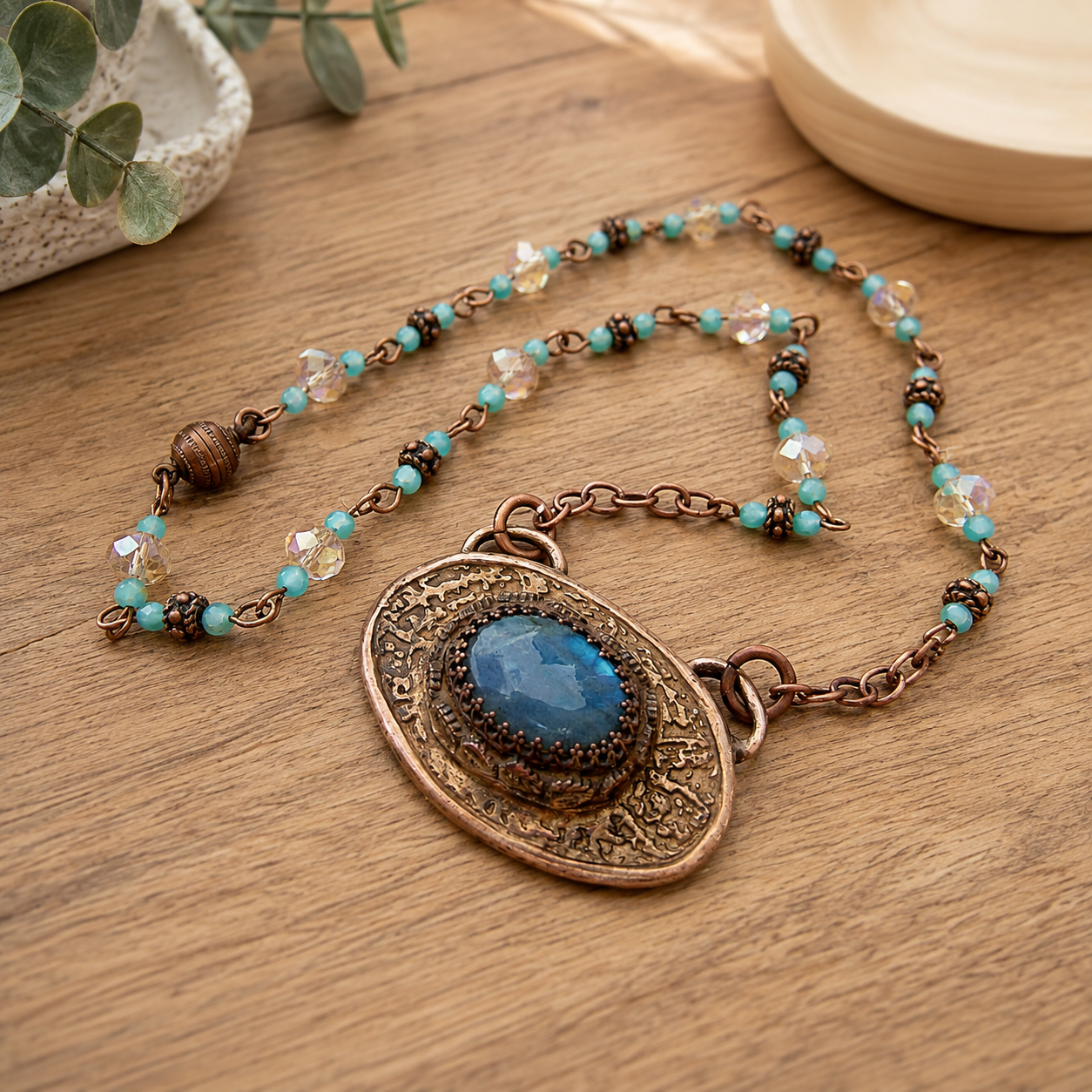 Blue Labradorite Gold Bronze Necklace - Artisan Mixed Metal Pendant - CosmicDeva