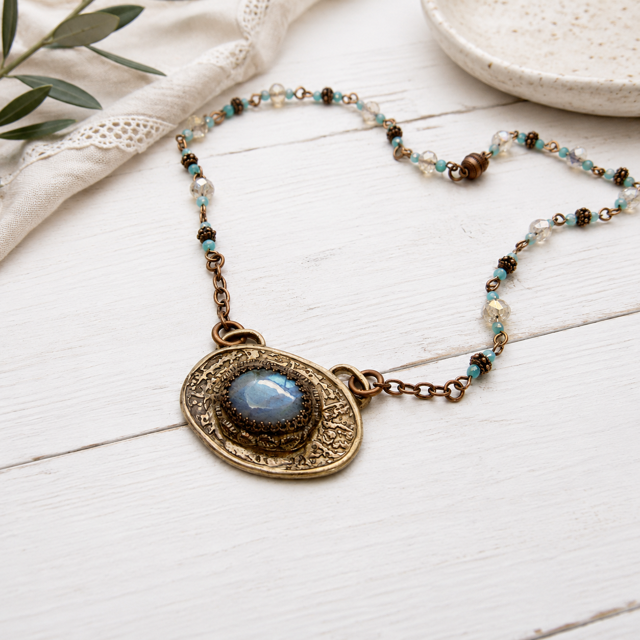 Blue Labradorite Gold Bronze Necklace - Artisan Mixed Metal Pendant - CosmicDeva
