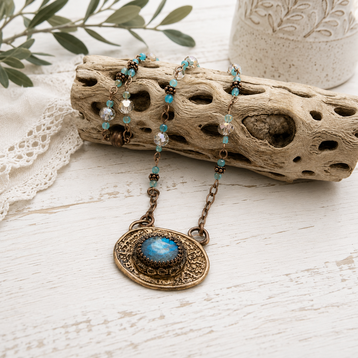 Blue Labradorite Gold Bronze Necklace - Artisan Mixed Metal Pendant - CosmicDeva