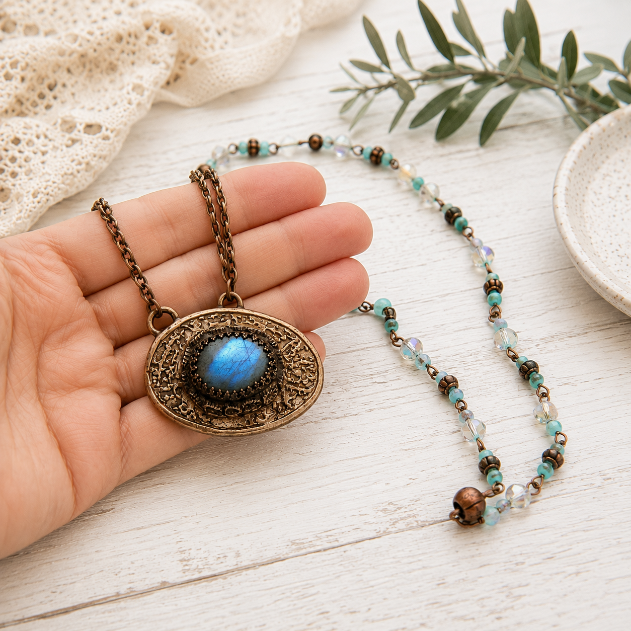 Blue Labradorite Gold Bronze Necklace - Artisan Mixed Metal Pendant - CosmicDeva