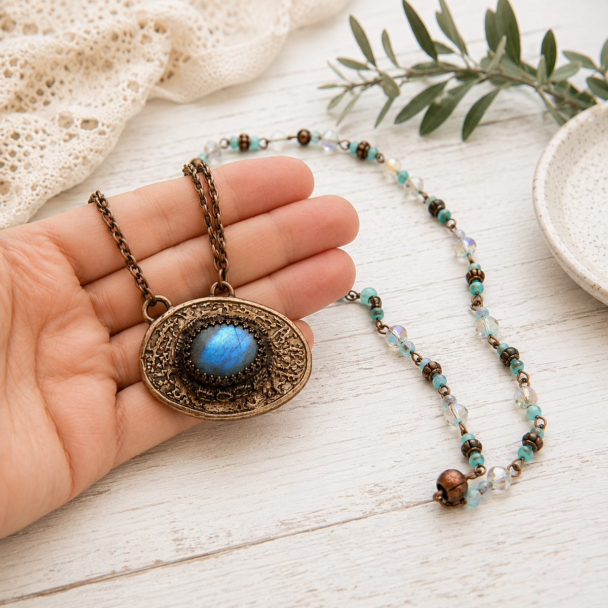 Blue Labradorite Gold Bronze Necklace - Artisan Mixed Metal Pendant - CosmicDeva