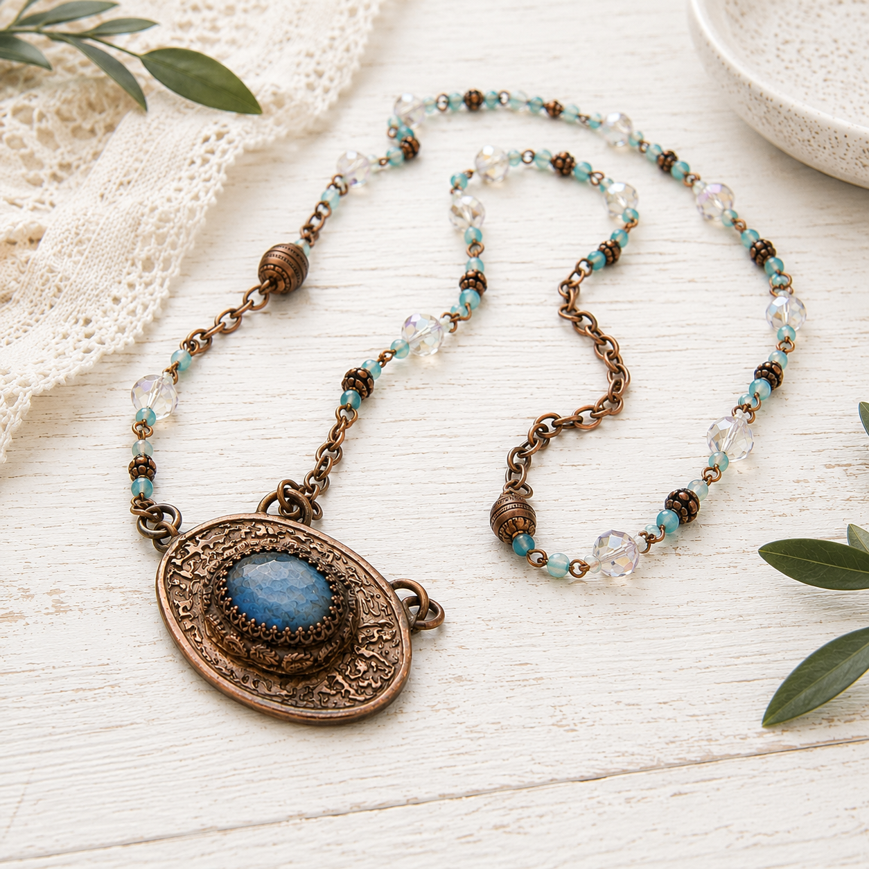 Blue Labradorite Gold Bronze Necklace - Artisan Mixed Metal Pendant - CosmicDeva