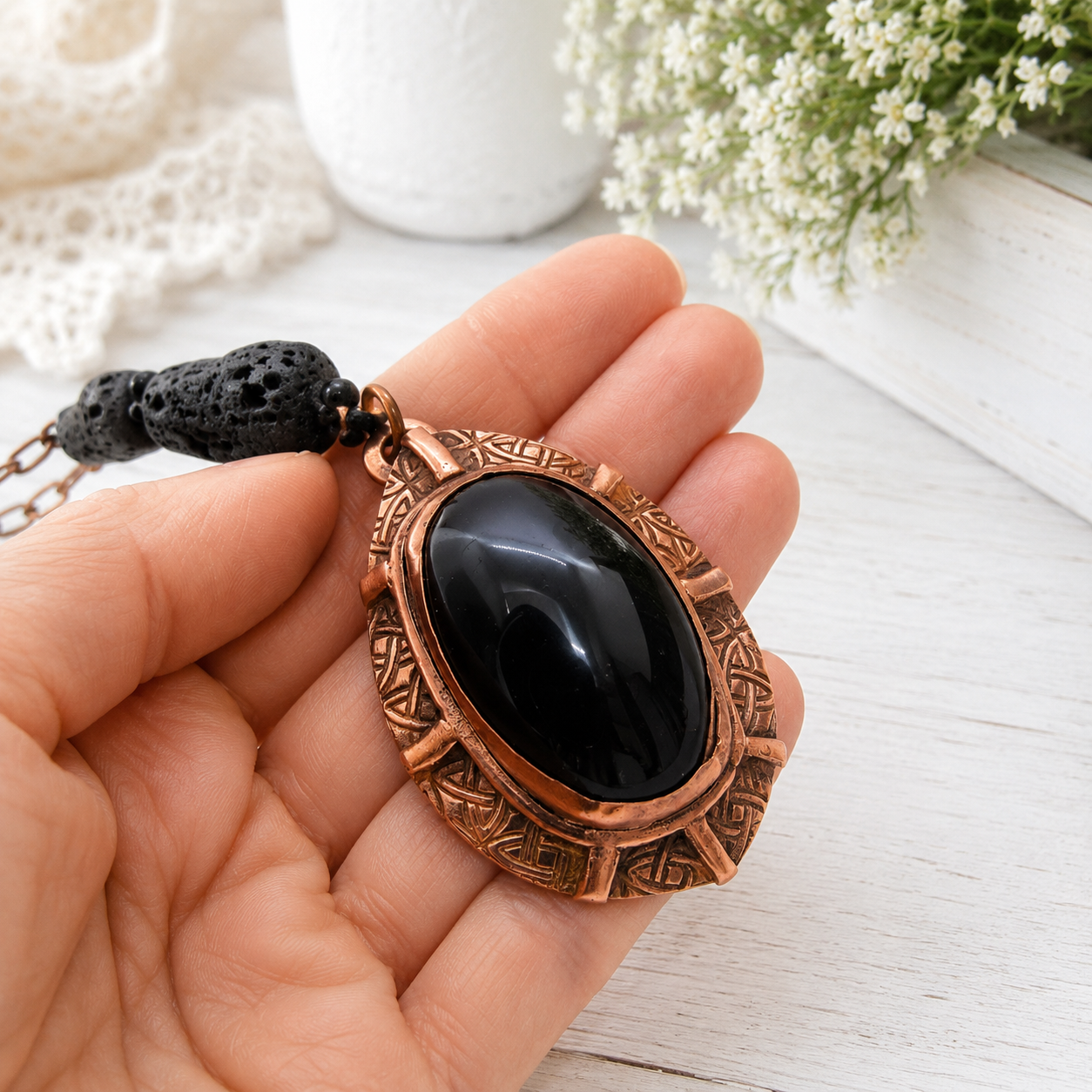 Handmade Rainbow Obsidian necklace with black lava stone beads and solid copper chain. Unique statement jewelry and essential oil diffuser necklace.