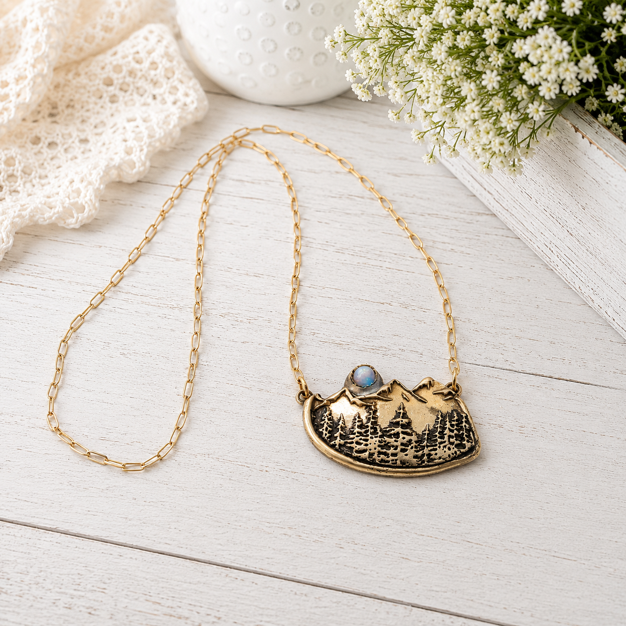 Alpine Forest Magic Mountains Moonstone Gold Bronze Necklace - CosmicDeva