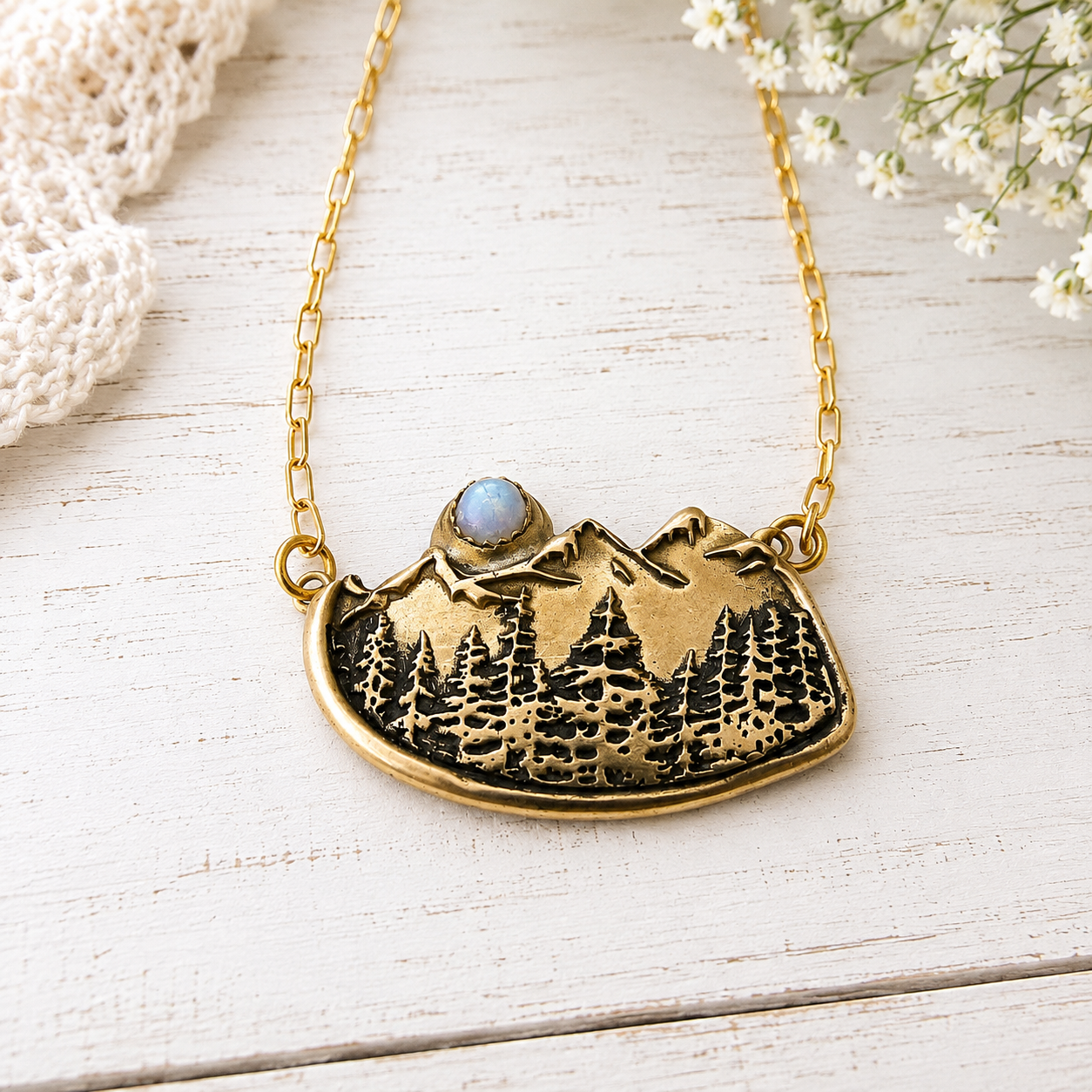 Alpine Forest Magic Mountains Moonstone Gold Bronze Necklace - CosmicDeva