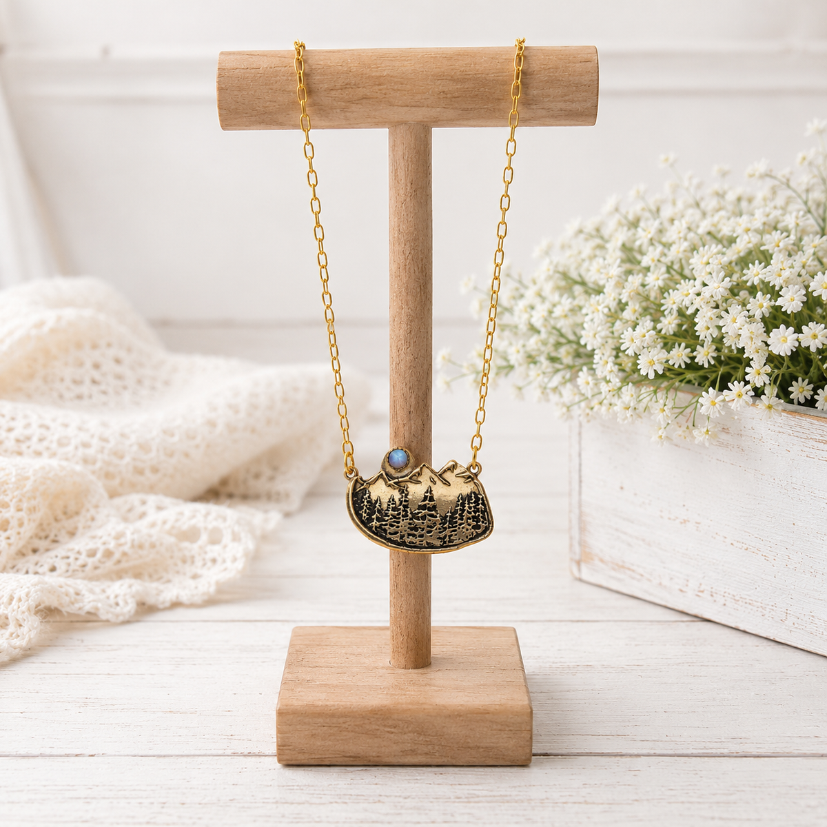 Alpine Forest Magic Mountains Moonstone Gold Bronze Necklace - CosmicDeva