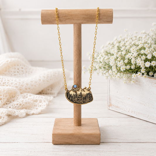 Alpine Forest Magic Mountains Moonstone Gold Bronze Necklace - CosmicDeva