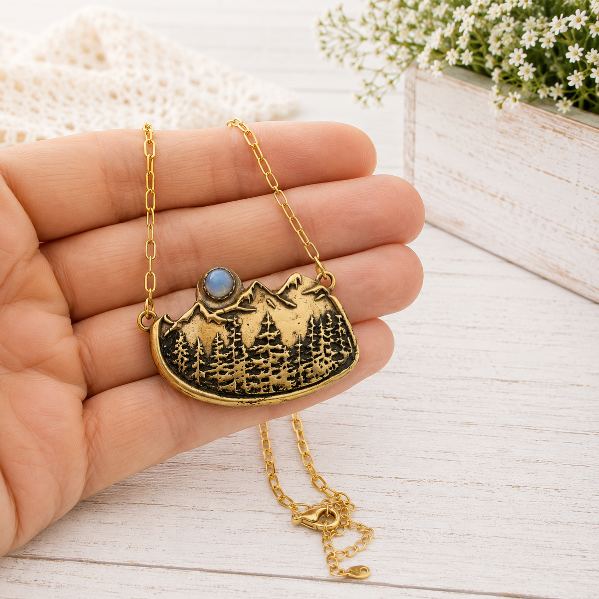 Alpine Forest Magic Mountains Moonstone Gold Bronze Necklace - CosmicDeva