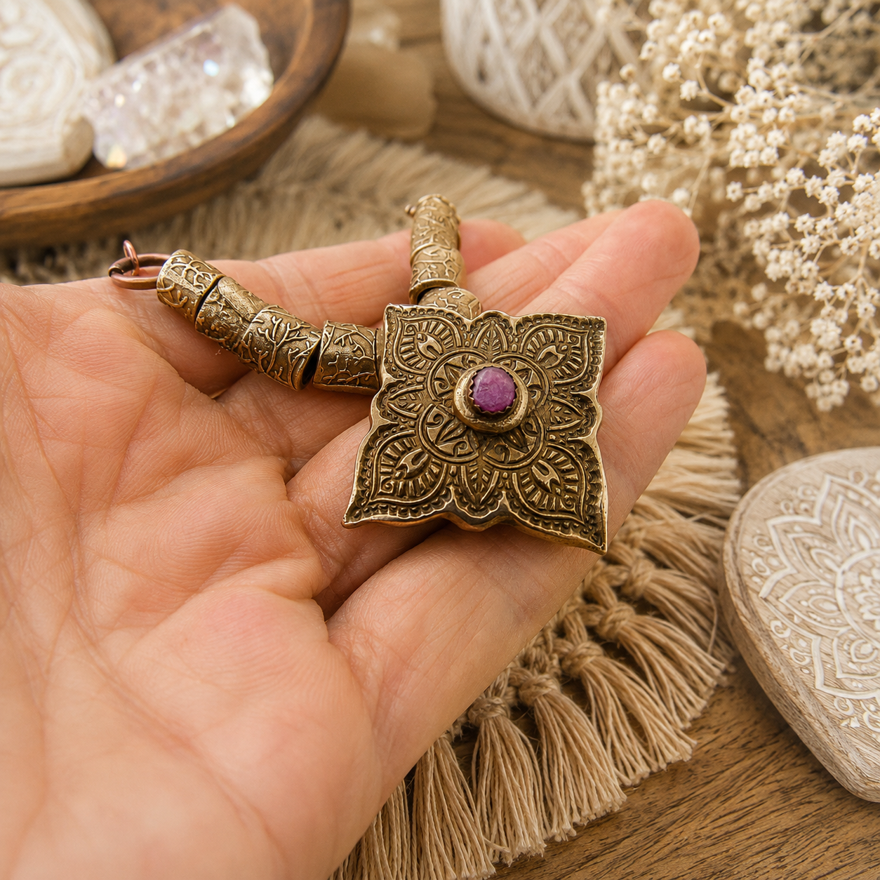 An ornate antique bronze square pendant with a central purple gemstone, held in a person's hand over a bohemian styled background of dried flowers and crystals.