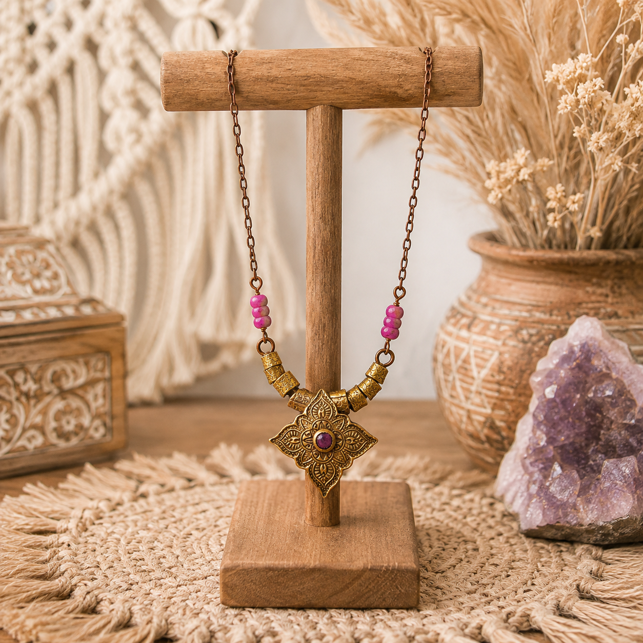 An ornate gold-toned pendant necklace with pink beads and a central red gemstone, displayed on a wooden stand against a boho-style background with dried flowers and a crystal cluster.