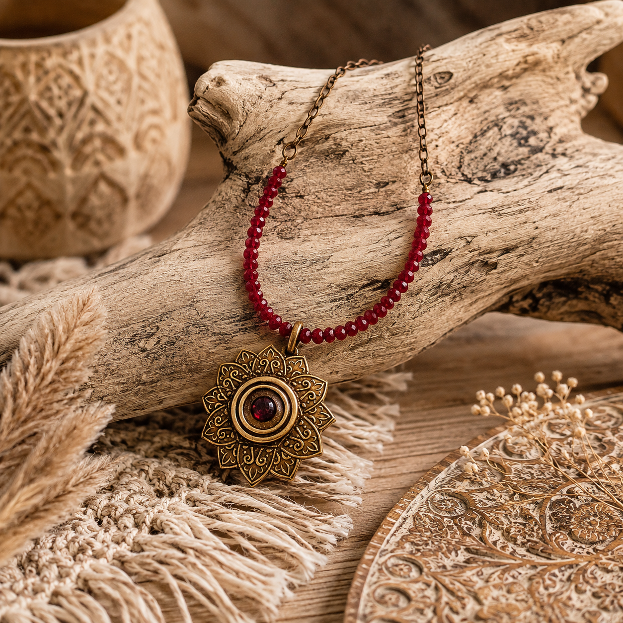 Red Ruby Mandala Mendhi Gold Bronze Necklace - CosmicDeva
