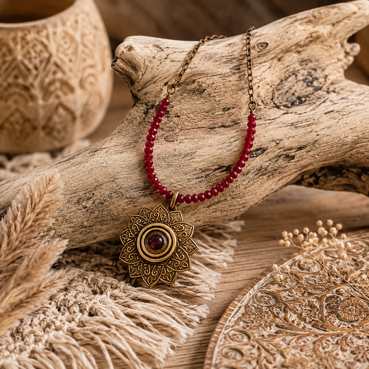 Red Ruby Mandala Mendhi Gold Bronze Necklace - CosmicDeva