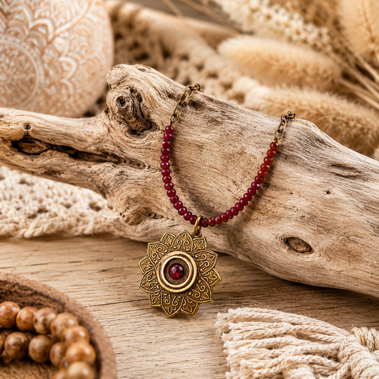Red Ruby Mandala Mendhi Gold Bronze Necklace - CosmicDeva