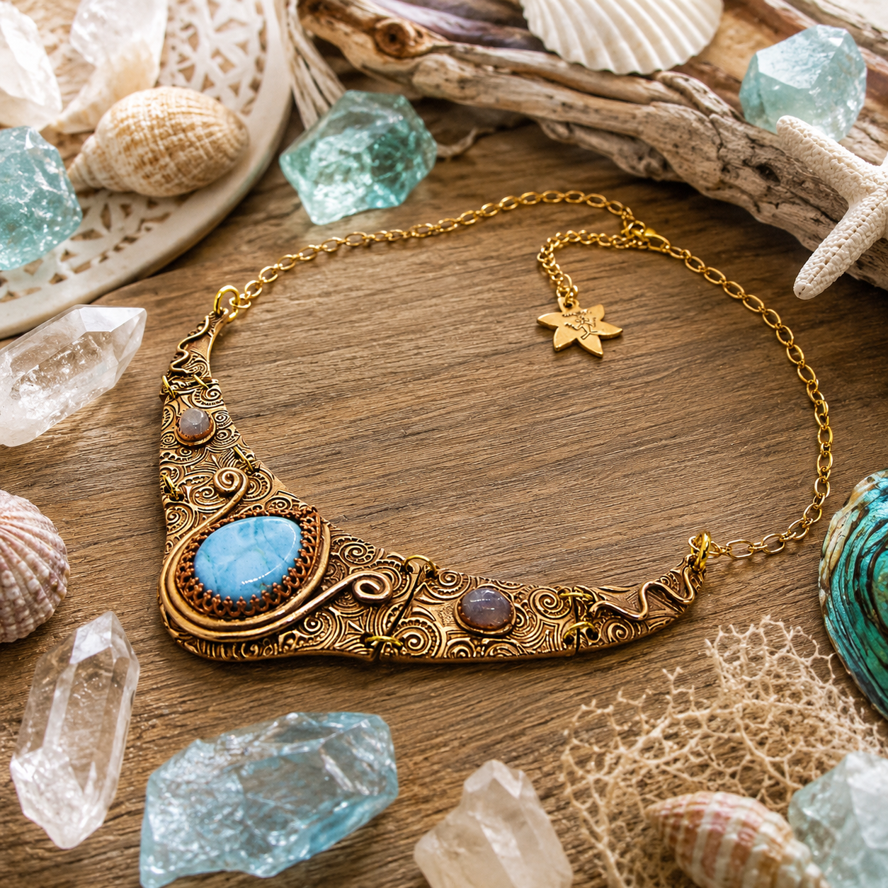 1165# Ancient Style Choker Collar With Larimar Gold Bronze Necklace - CosmicDeva