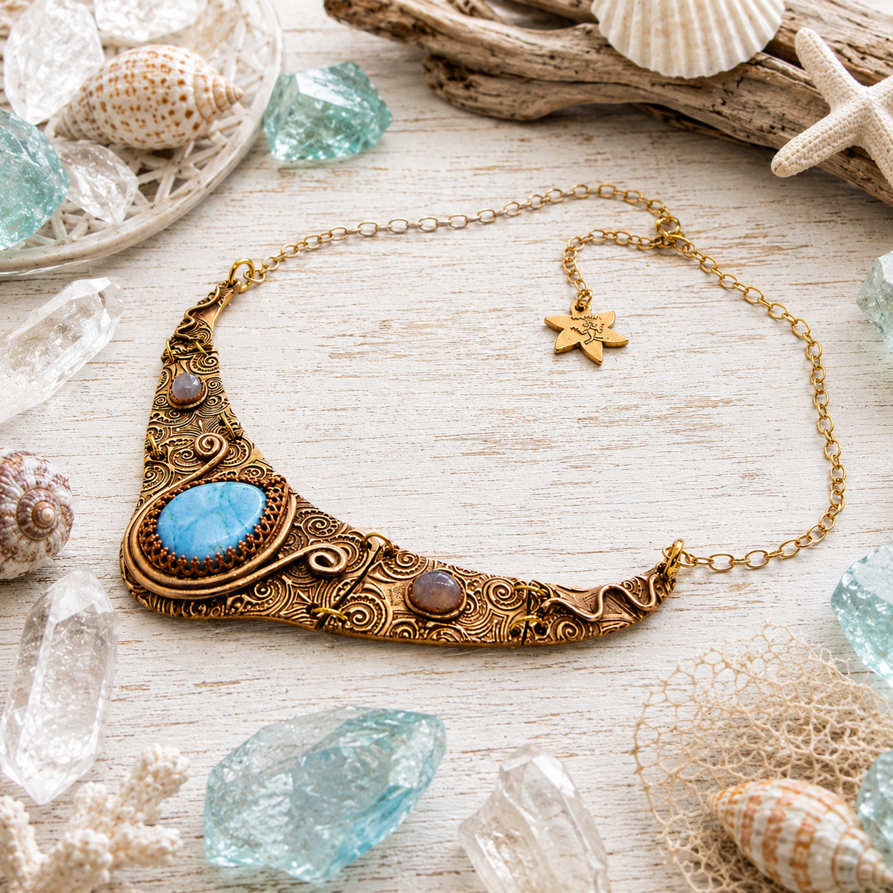 1165# Ancient Style Choker Collar With Larimar Gold Bronze Necklace - CosmicDeva