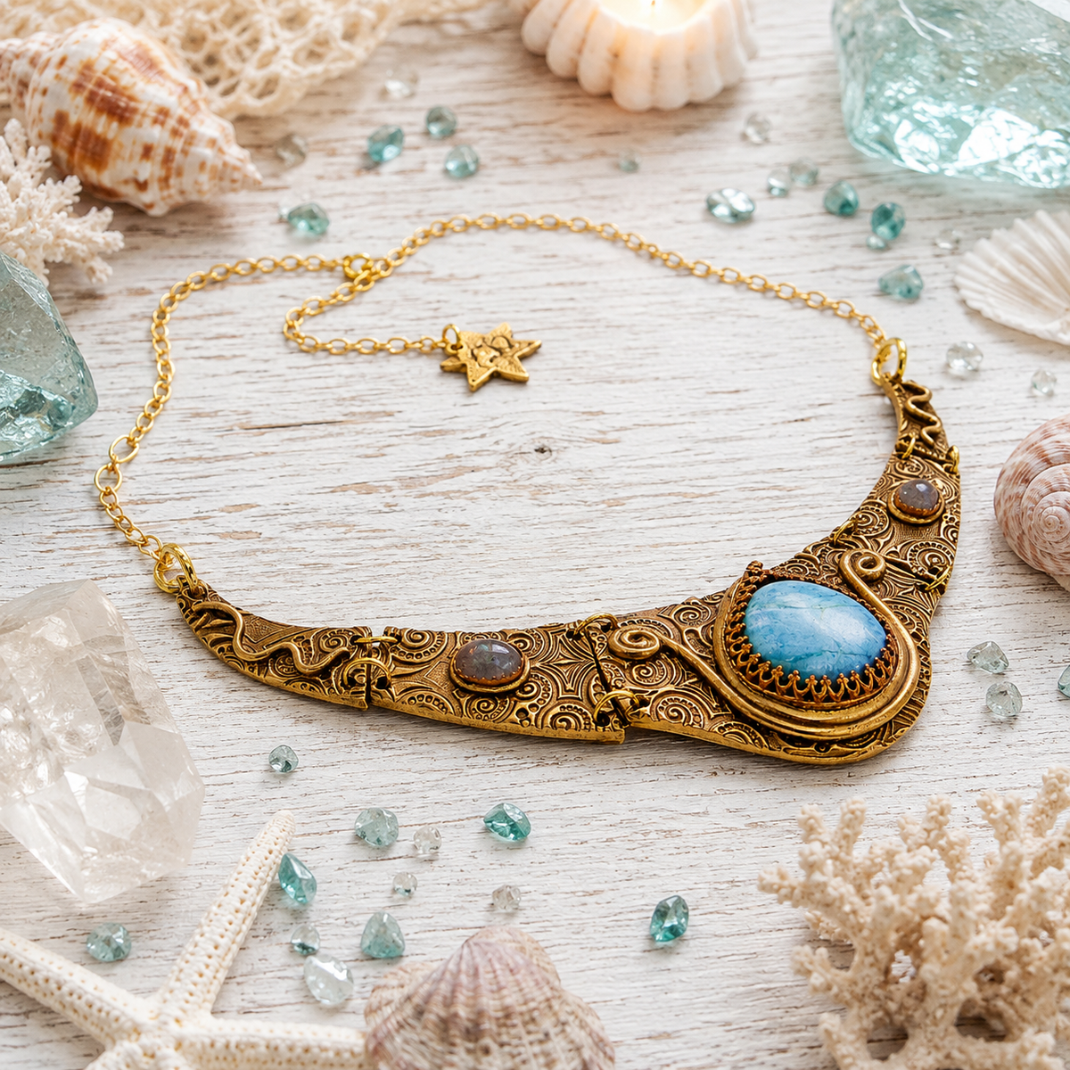 1165# Ancient Style Choker Collar With Larimar Gold Bronze Necklace - CosmicDeva