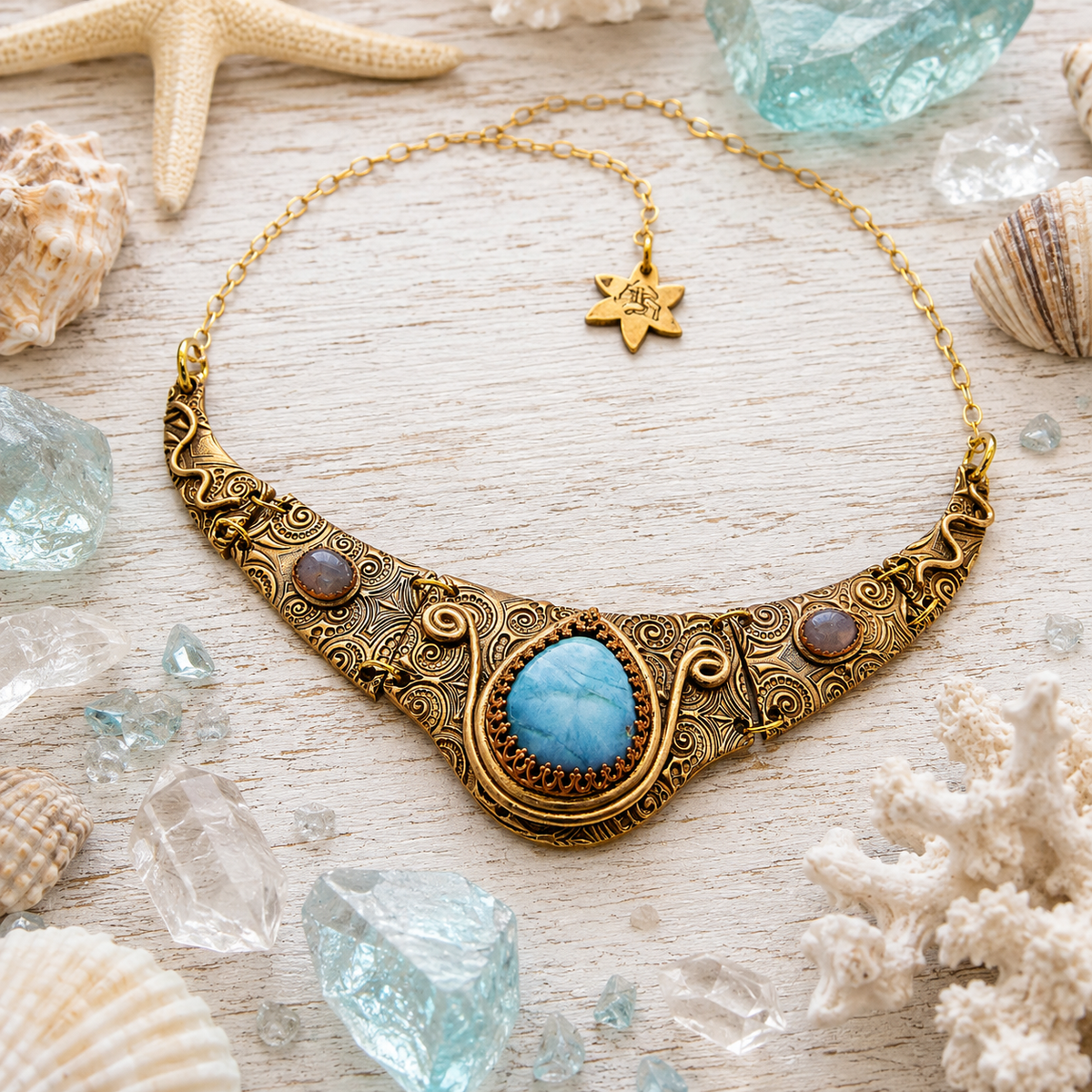 1165# Ancient Style Choker Collar With Larimar Gold Bronze Necklace - CosmicDeva