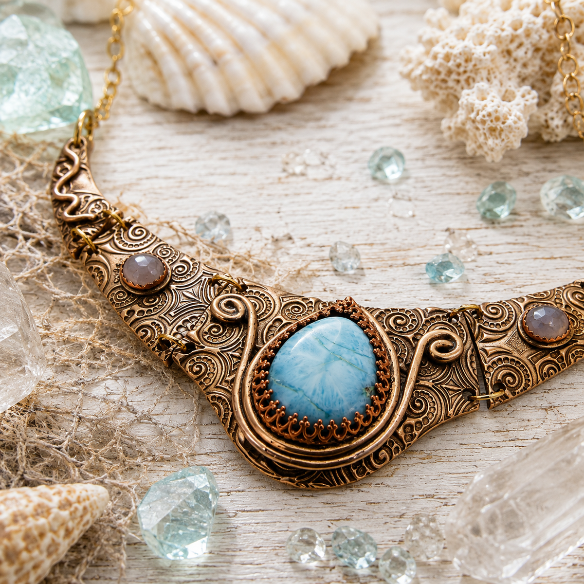 1165# Ancient Style Choker Collar With Larimar Gold Bronze Necklace - CosmicDeva