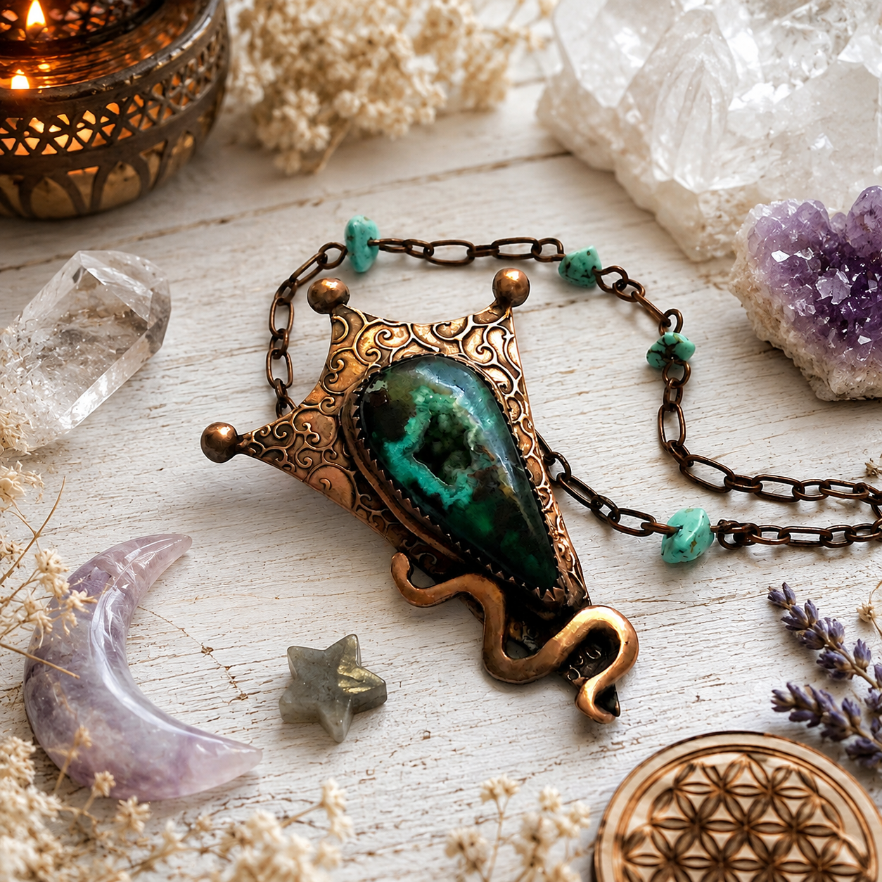 The focal point of this stunning copper pendant necklace is an amazing Chrysocolla (with Malachite and traces of cuprite) which has formed in the center into botryoidal druzy crystals. 