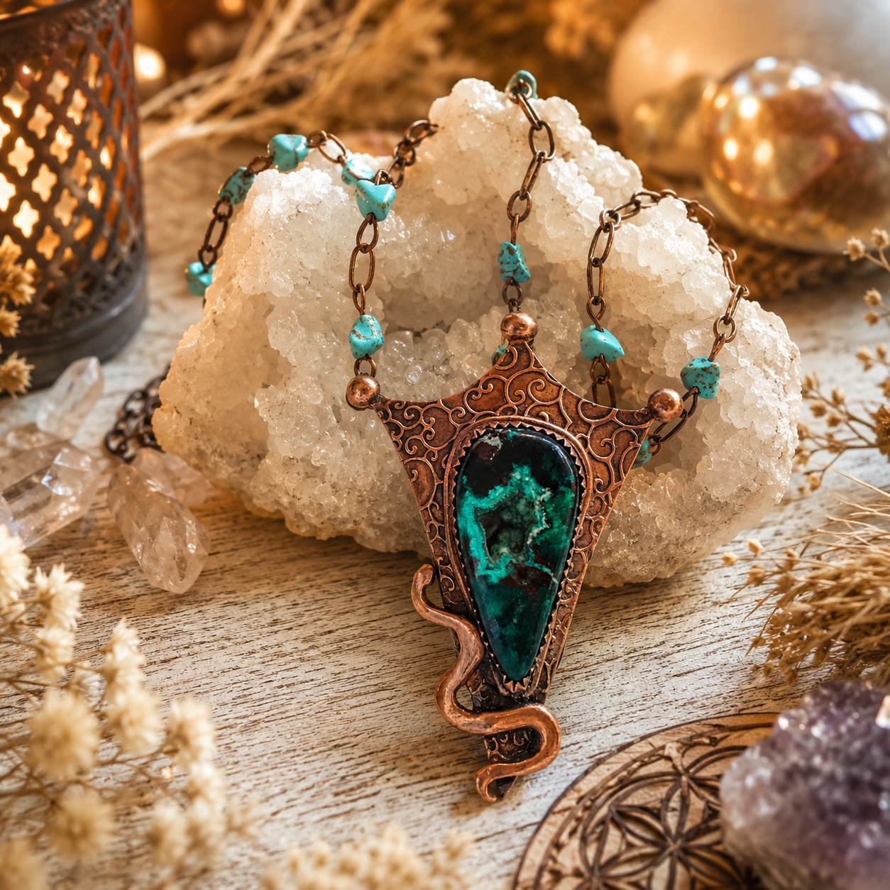The focal point of this stunning copper pendant necklace is an amazing Chrysocolla (with Malachite and traces of cuprite) which has formed in the center into botryoidal druzy crystals. 