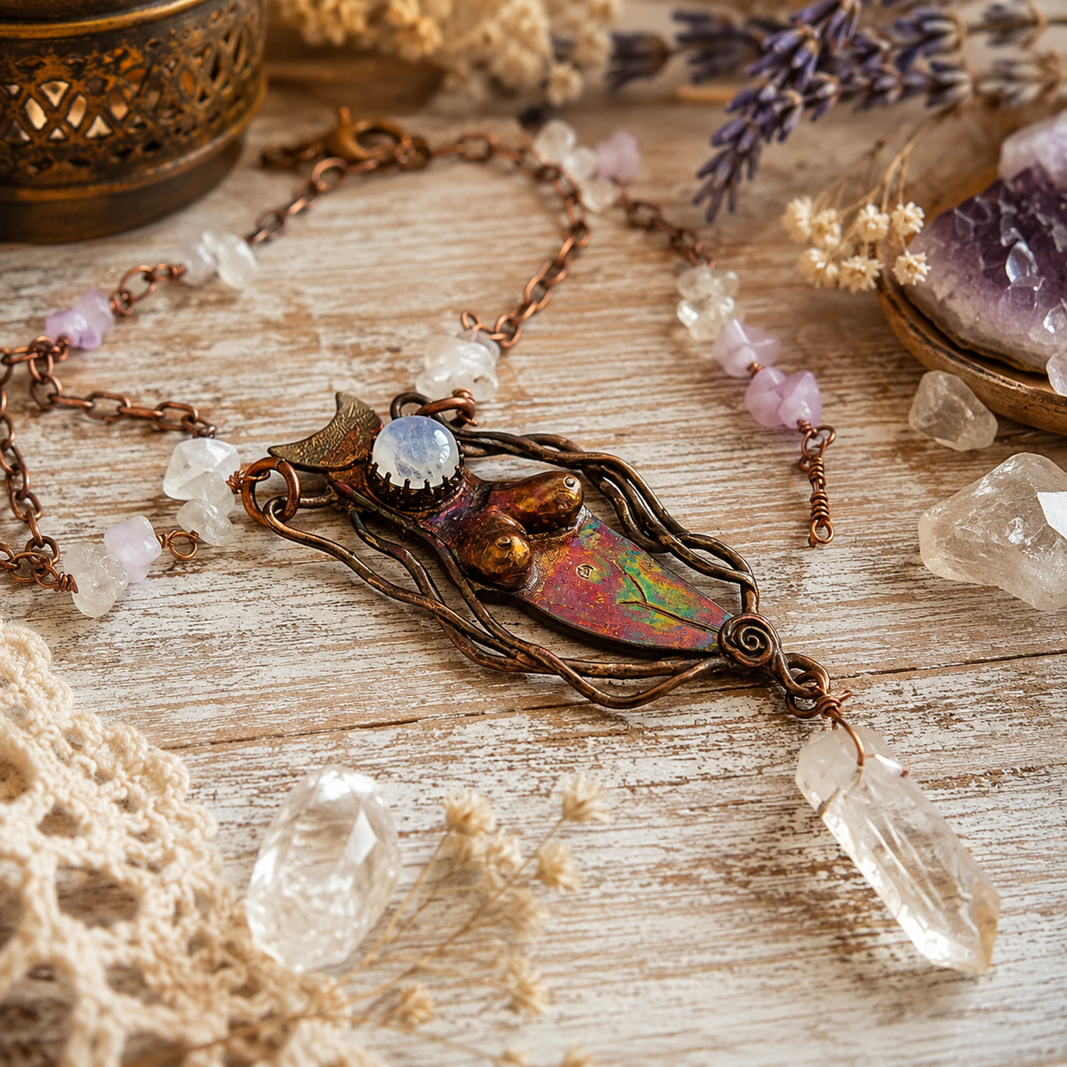 Gaia Earth Spirit Goddess With Moonstone Bronze Necklace - CosmicDeva
