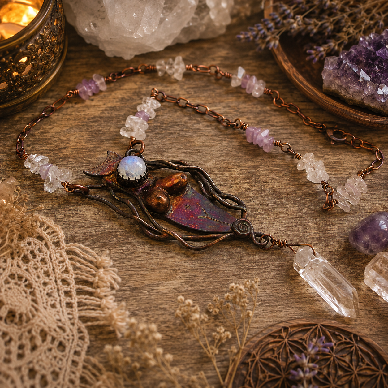 Gaia Earth Spirit Goddess With Moonstone Bronze Necklace - CosmicDeva