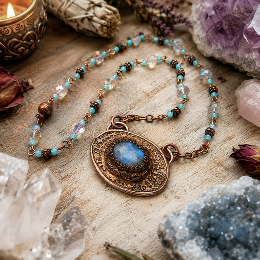 Blue Labradorite Gold Bronze Necklace - Artisan Mixed Metal Pendant - CosmicDeva