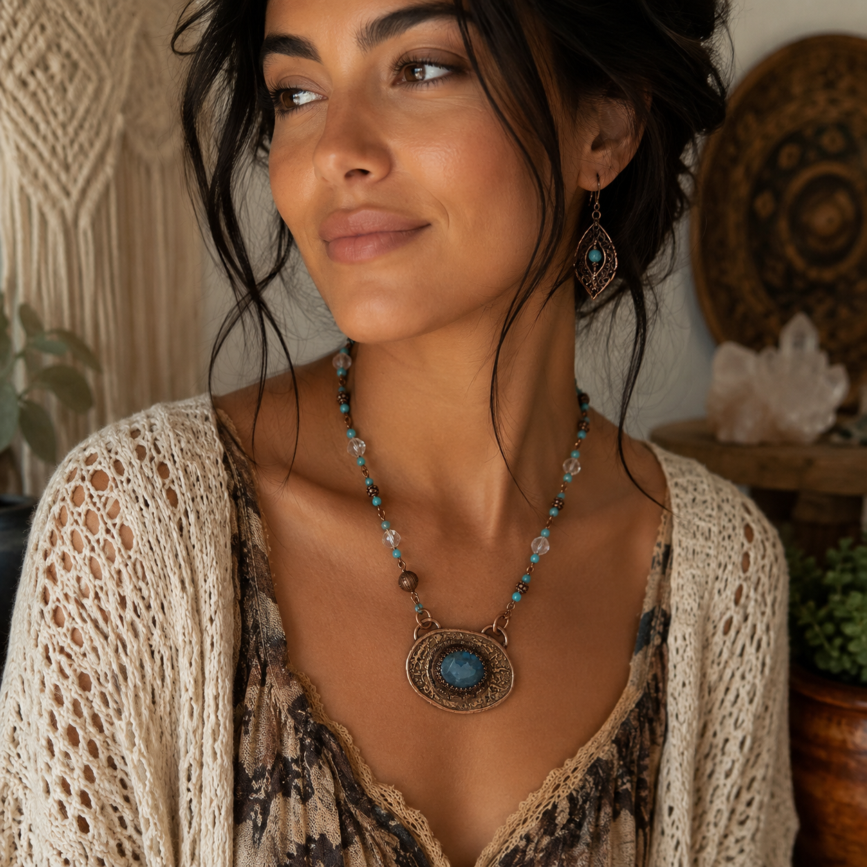 Blue Labradorite Gold Bronze Necklace - Artisan Mixed Metal Pendant - CosmicDeva