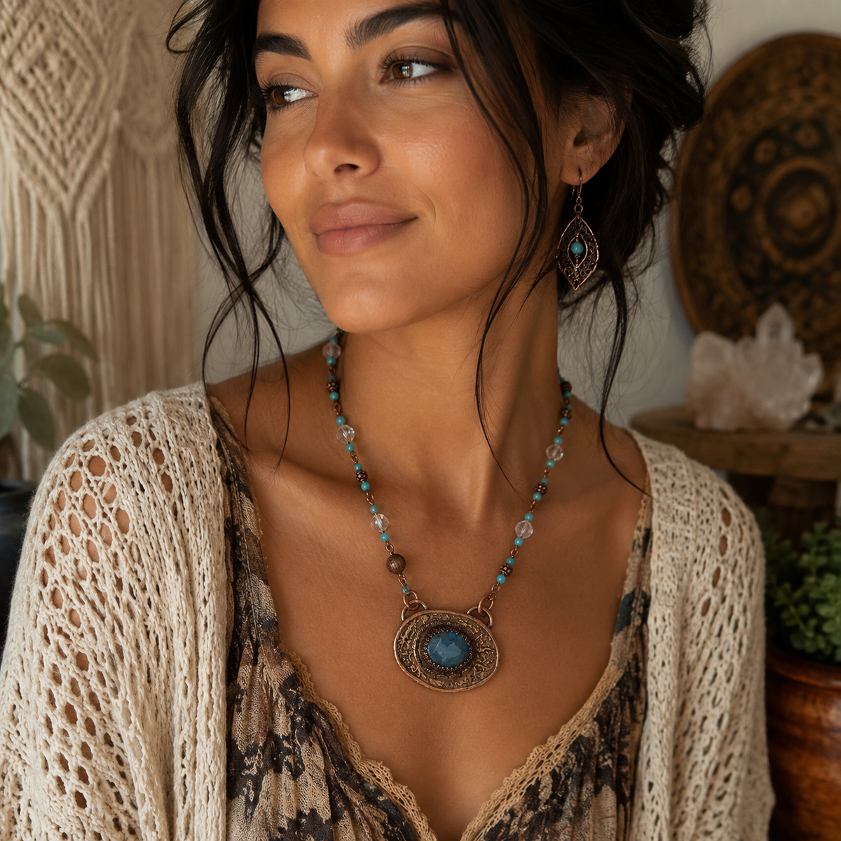 Blue Labradorite Gold Bronze Necklace - Artisan Mixed Metal Pendant - CosmicDeva