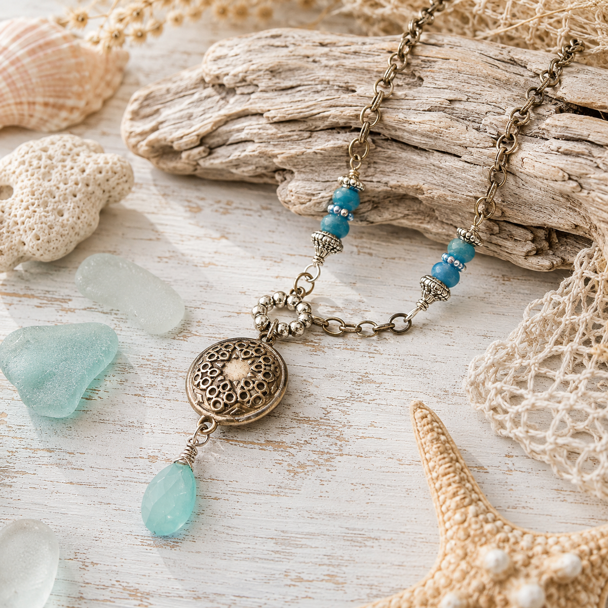 Handmade silver bronze mandala lentil pendant featuring an aqua blue chalcedony dangle, Brazilian aquamarine beads and Tibetan silver accents. A unique boho artisan necklace, adjustable from 18–20 inches.